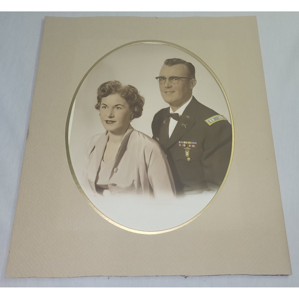 Vintage Military Officer Portrait Couple Studio Photo Hand Tinted 11x13 Mat